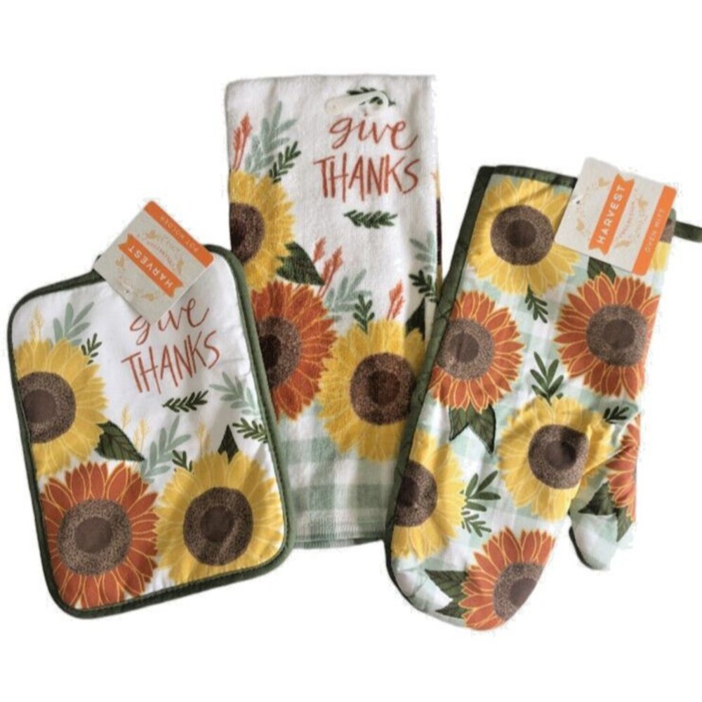 Thanksgiving Sunflowers Dish Towel Oven Mitt Potholder Give Thanks Set of 3